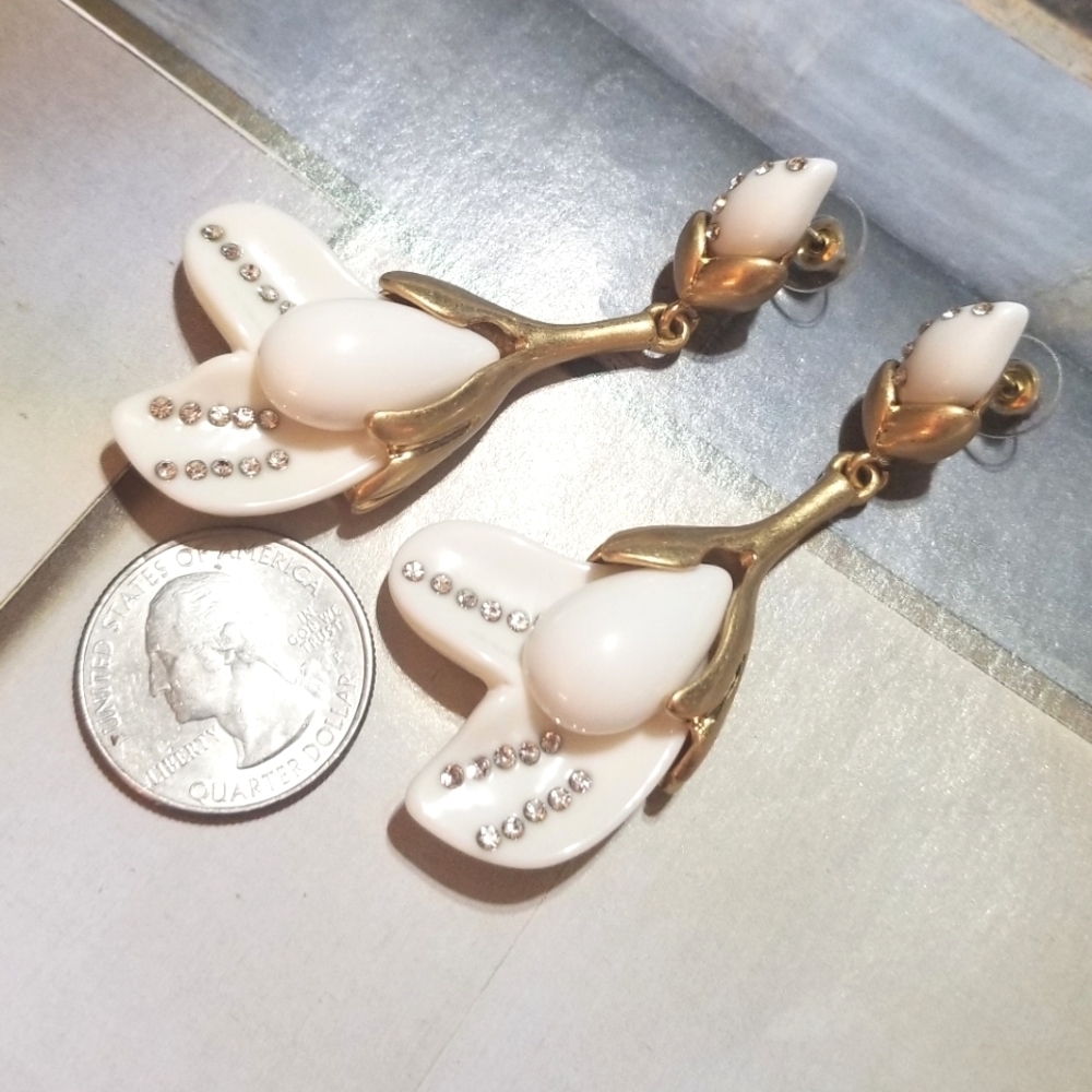 NEW Oscar De La Renta Crystal Flower  Drop Earrings 3" LONG With Dust Bag - Picture 5 of 8